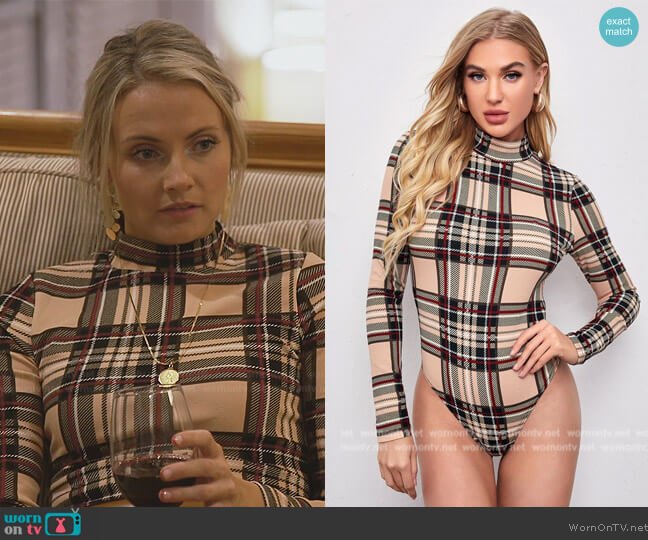 Shein Mock Neck Plaid Form Fitted Bodysuit worn by Taylor Ann Green on Southern Charm