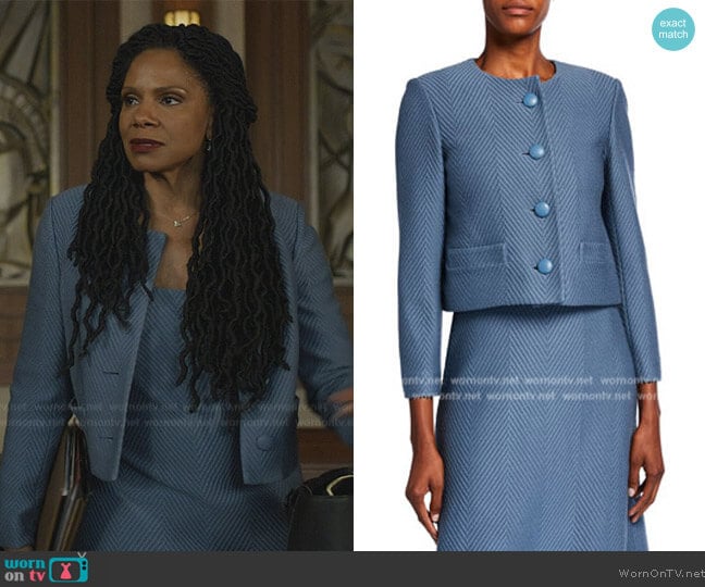 St. John Raised Herringbone Sweater Dress and Jacket worn by Liz Reddick-Lawrence (Audra McDonald) on The Good Fight