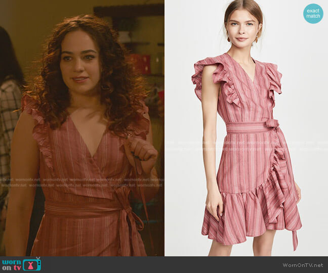 Rebecca Taylor Striped Linen Wrap Dress in Desert Rose worn by Samantha LaRusso (Mary Mouser) on Cobra Kai
