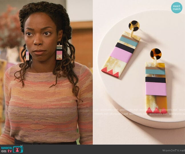 Anthropologie Barcelona Drop Earrings worn by Denise (Sasheer Zamata) on Home Economics