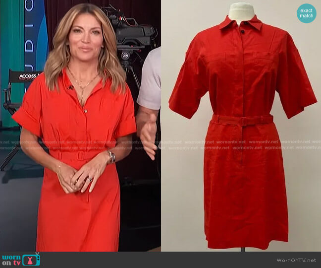 Theory Eco Crunch Belted Mini Shirtdress with Black Buttons worn by Kit Hoover on Access Hollywood
