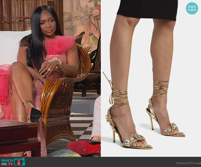 Tom Ford Metallic Crystal Ankle-Tie Sandals worn by Marlo Hampton on The Real Housewives of Atlanta