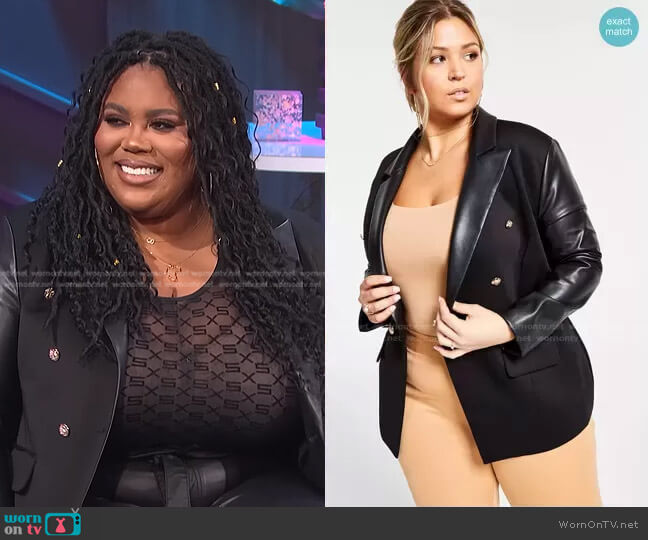 Trendy Plus Size Faux-Leather-Panel Blazer by Nina Parker worn by Nina Parker on E! News