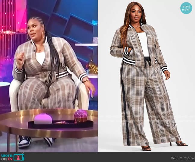 Nina Parker Trendy Plus Size Plaid Bomber Jacket and Pants worn by Nina Parker on E! News