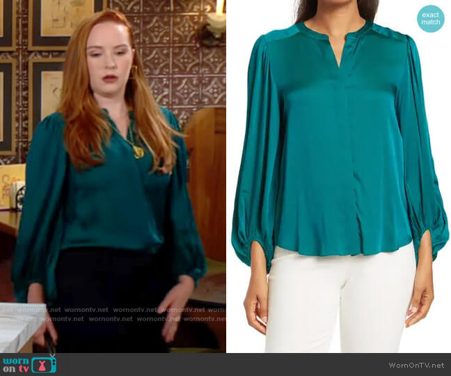 Trina Turk Devilline Top in Magic Teal worn by Mariah Copeland (Camryn Grimes) on The Young and the Restless