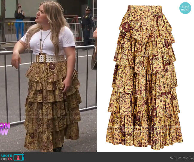 Ulla Johnson Winnie Printed Ruffled Midi Skirt worn by Kelly Clarkson on The Kelly Clarkson Show