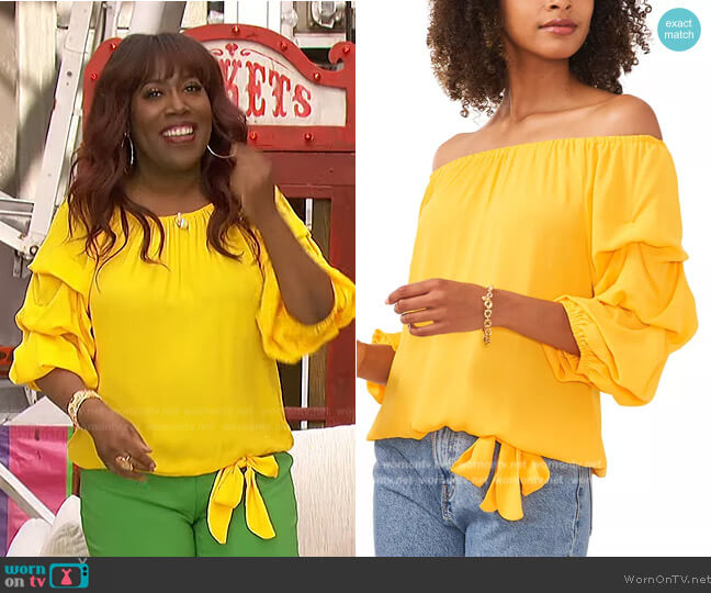 Vince Camuto Off-The-Shoulder Tiered-Sleeve Blouse worn by Sheryl Underwood on The Talk