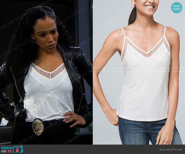 White House Black Market Matte Jersey Knit Lace-Trim Cami worn by Jada Hunter (Elia Cantu) on Days of our Lives