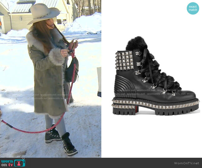 Christian Louboutin Yeti Donna Shearling Combat Boots worn by Kyle Richards on The Real Housewives of Beverly Hills