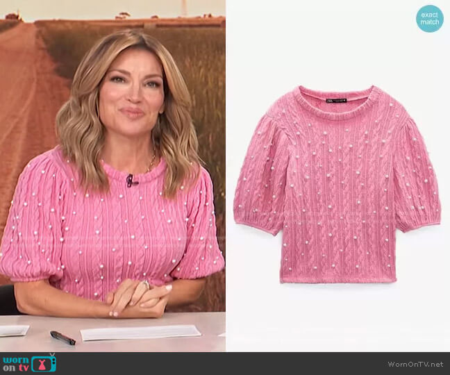 Zara Soft Faux Pearl Top worn by Kit Hoover on Access Hollywood