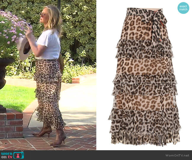 Zimmermann Tiered Leopard-Print Silk-Crepon Midi Skirt worn by Kathy Hilton on The Real Housewives of Beverly Hills