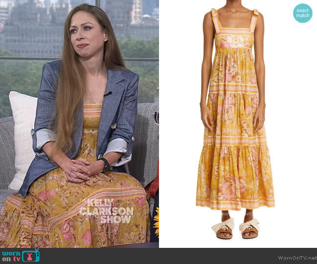 Zimmermann Pattie Floral Tie-Shoulder Empire Waist Midi Dress worn by Chelsea Clinton on The Kelly Clarkson Show