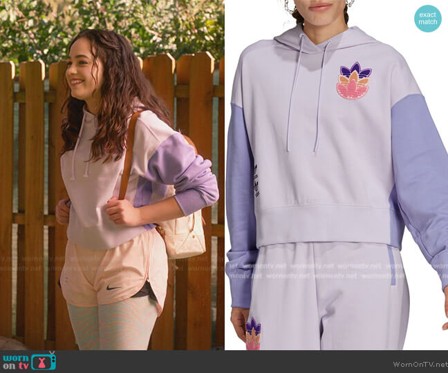 Adidas Trefoil Logo Play Cropped Hoodie worn by Samantha LaRusso (Mary Mouser) on Cobra Kai