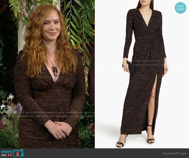 Aidan Mattox Metallic knitted maxi dress worn by Mariah Copeland (Camryn Grimes) on The Young and the Restless