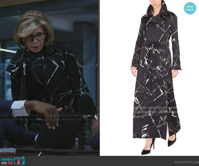 Akris Long-Sleeve Marble Tiles Jacquard Fit-and-Flare Coat Gown worn by Diane Lockhart (Christine Baranski) on The Good Fight