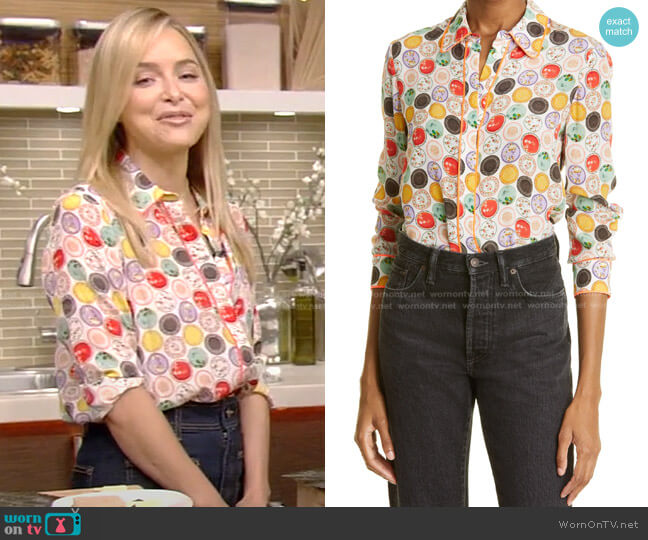 Alice + Olivia Willa Silk Button-Up Blouse in Dinner Party worn by Jenny Mollen on Live with Kelly and Ryan