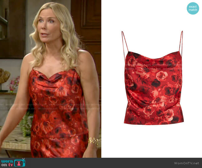 Alice + Olivia Harmon Satin Camisole in Ocean Side Floral Perfect Ruby worn by Brooke Logan (Katherine Kelly Lang) on The Bold and the Beautiful