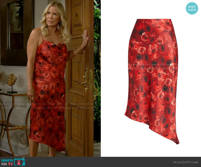 Alice + Olivia Maeve Asymmetric Slip Midi-Skirt in Ocean Side Floral Perfect Ruby worn by Brooke Logan (Katherine Kelly Lang) on The Bold and the Beautiful
