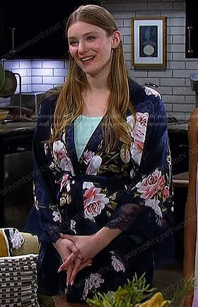Allie's navy floral lace trim robe on Days of our Lives