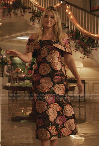 Amanda’s floral off shoulder dress on Dynasty