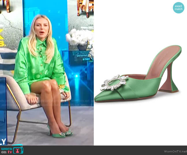 Amina Muaddi Begum Satin Crystal Buckle Mules worn by Morgan Stewart on E! News