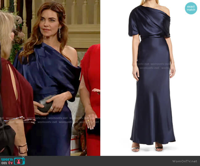 Amsale One-Shoulder Fluid Satin Gown worn by Victoria Newman (Amelia Heinle) on The Young and the Restless