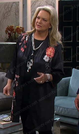 Anna’s black bird and floral print jacket on Days of our Lives