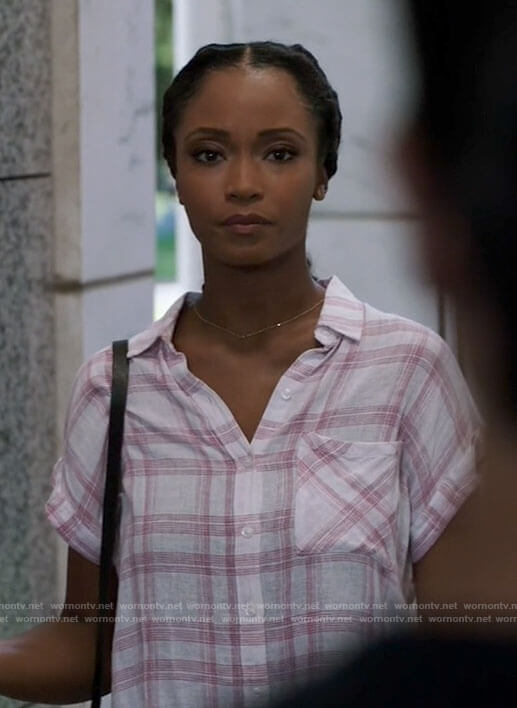 April's white and pink plaid shirt on Chicago Med