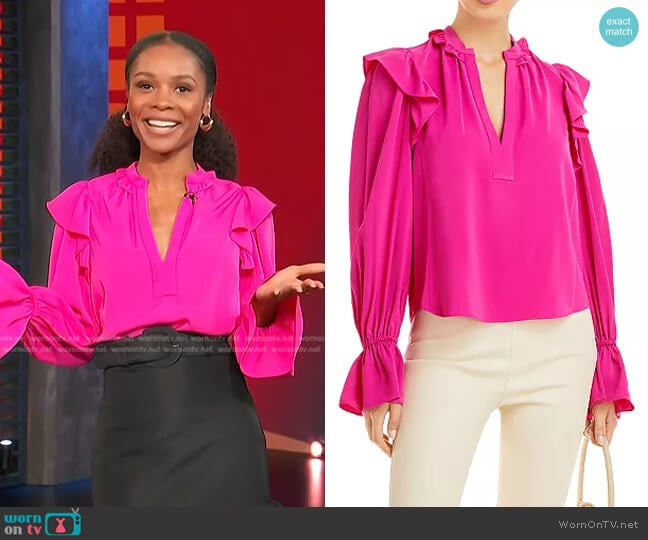 WornOnTV: Zuri’s pink ruffle blouse and black belted skirt on Access ...