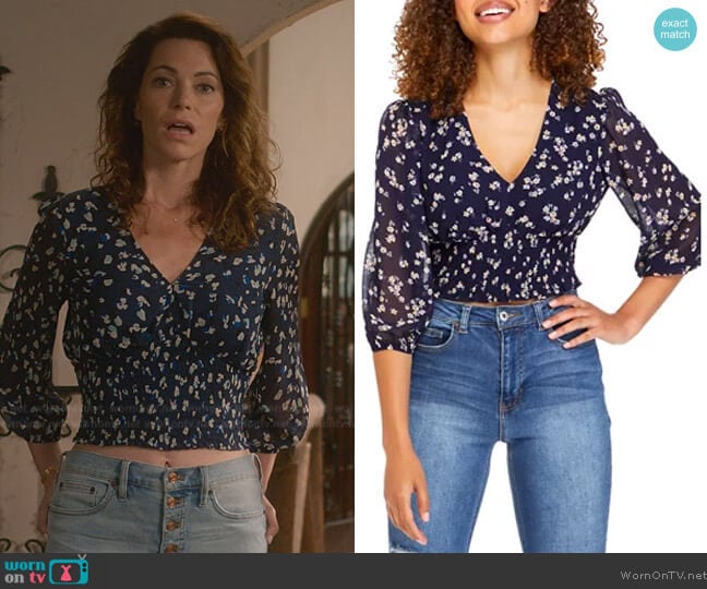 As U Wish 3/4 Sleeve V-neck Smocked Top worn by Amanda Larusso (Courtney Henggeler) on Cobra Kai