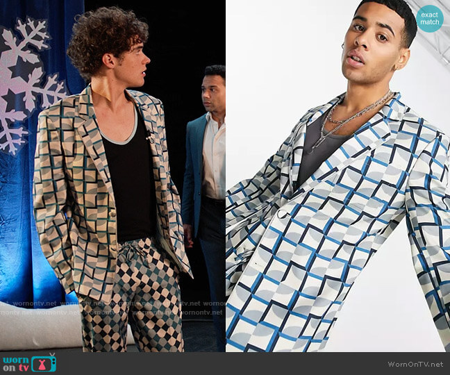ASOS Design Slim Suit Jacket in Turquoise Geo Print worn by Ricky (Joshua Bassett) on High School Musical The Musical The Series