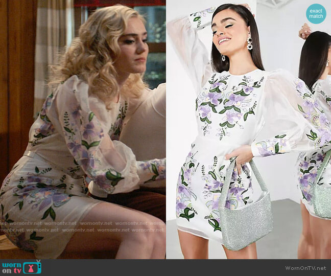 ASOS Design Embroidered Organza Mini Dress with Puff Sleeve worn by Val (Meg Donnelly) on High School Musical The Musical The Series