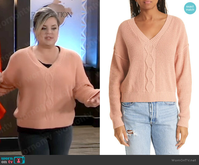 ATM Anthony Thomas Melillo Cable Knit Cotton & Cashmere Pullover Sweater in Deep Coral worn by Maxie Jones (Kirsten Storms) on General Hospital