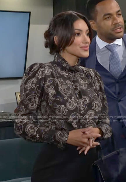 Audra's black paisley blouse on The Young and the Restless