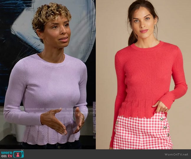 Autumn Cashmere Rib Crew w/ Herringbone Scallop Edge worn by Elena Dawson (Brytni Sarpy) on The Young and the Restless