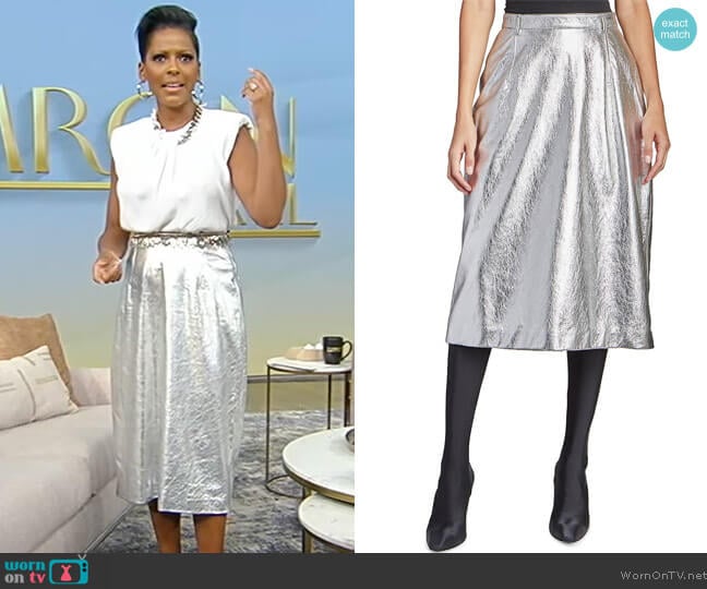 Balenciaga Metallic Lambskin Midi-Skirt worn by Tamron Hall on Tamron Hall Show