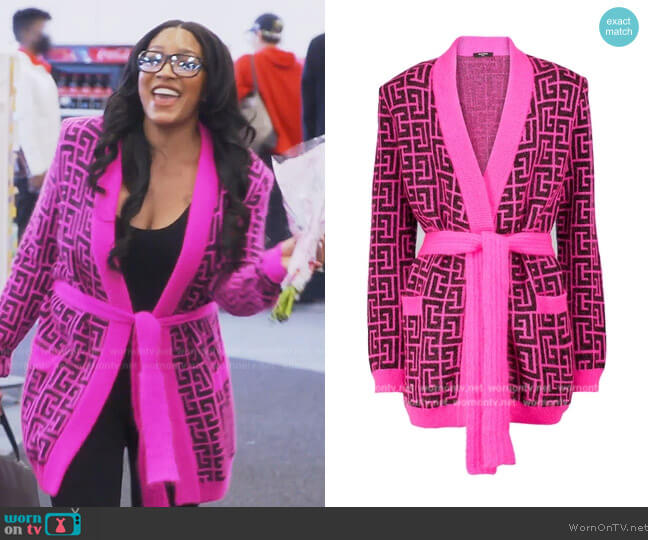 Balmain Long Belted Monogram Mohair Cardigan worn by Drew Sidora on The Real Housewives of Atlanta