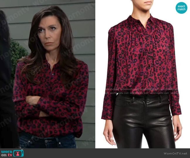 ba&sh Tim Leopard Print Blouse in Grenat worn by Anna Devane (Finola Hughes) on General Hospital