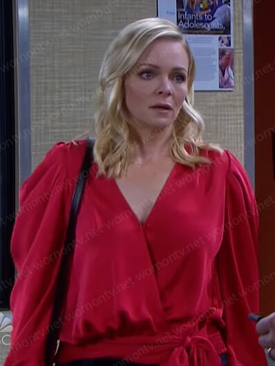 Belle's red puff sleeve wrap top on Days of our Lives