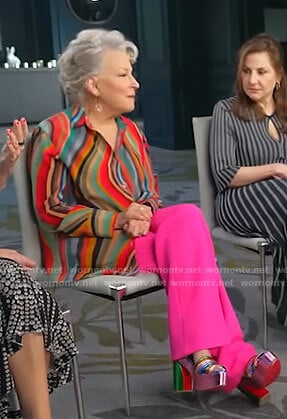 Bette Midler’s rainbow striped shirt and sandals on CBS Mornings