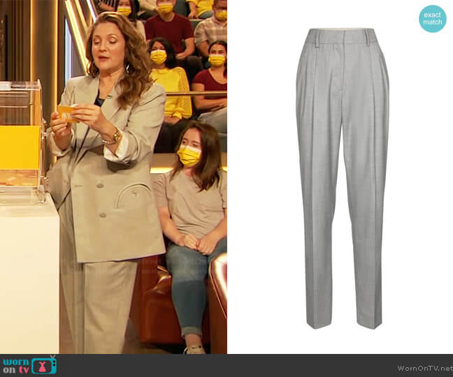 Blaze Milano Banker high-rise wide-leg wool pants worn by Drew Barrymore on The Drew Barrymore Show