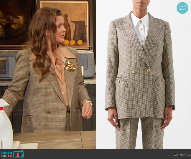 Kaos houndstooth wool-twill suit jacket by Blaze Milano worn by Drew Barrymore on The Drew Barrymore Show