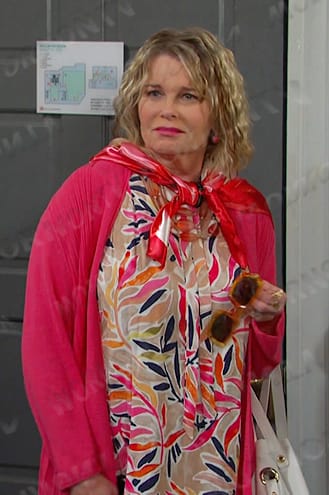 Bonnie's print tie neck top and pink cardigan on Days of our Lives