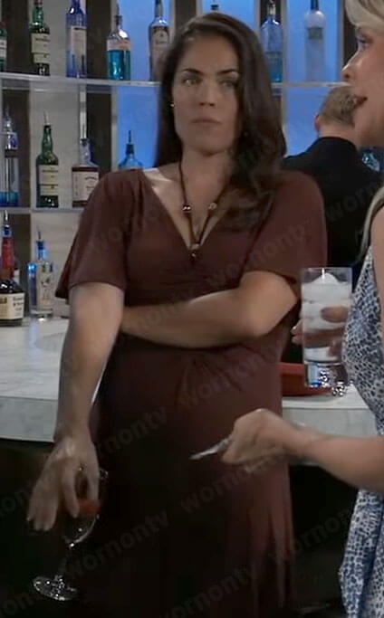 Britt’s brown ruched front maxi dress with beads on General Hospital