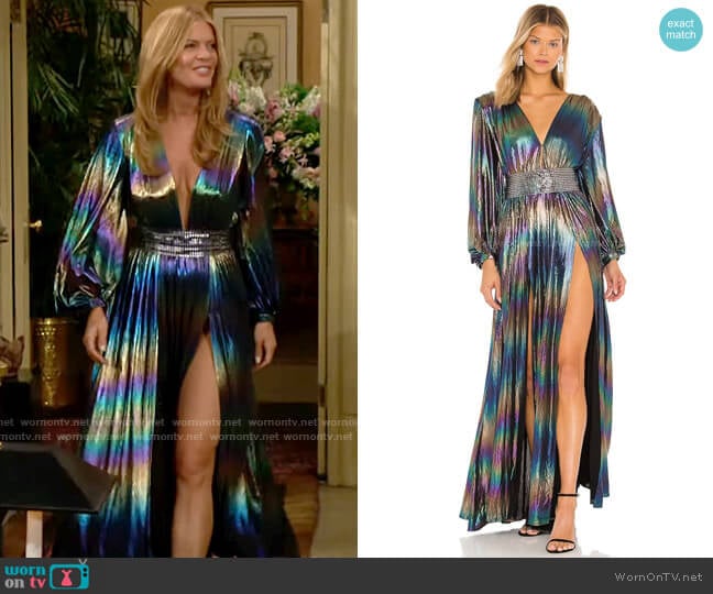 Bronx and Banco Zoe Petrol Gown worn by Phyllis Summers (Michelle Stafford) on The Young and the Restless