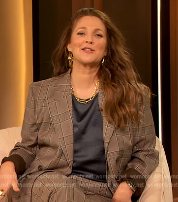 Drew’s plaid double breasted blazer and pants on The Drew Barrymore Show
