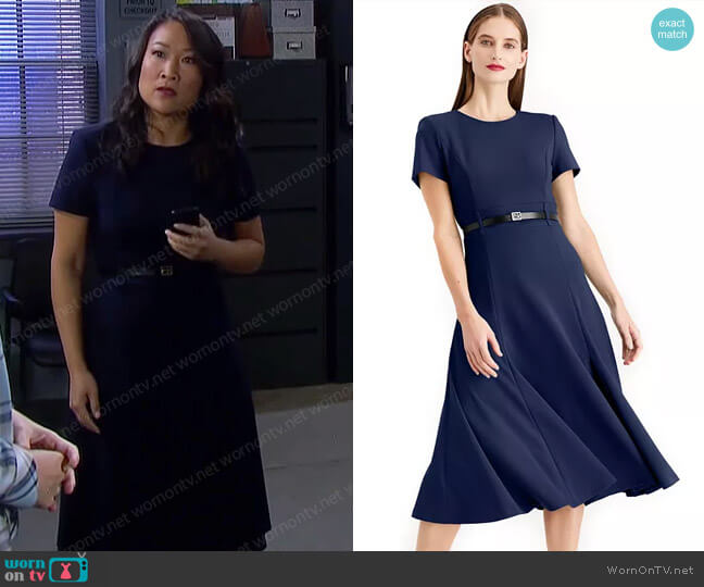 Calvin Klein  Belted A line Midi Dress in Indigo worn by Melinda Trask (Tina Huang) on Days of our Lives