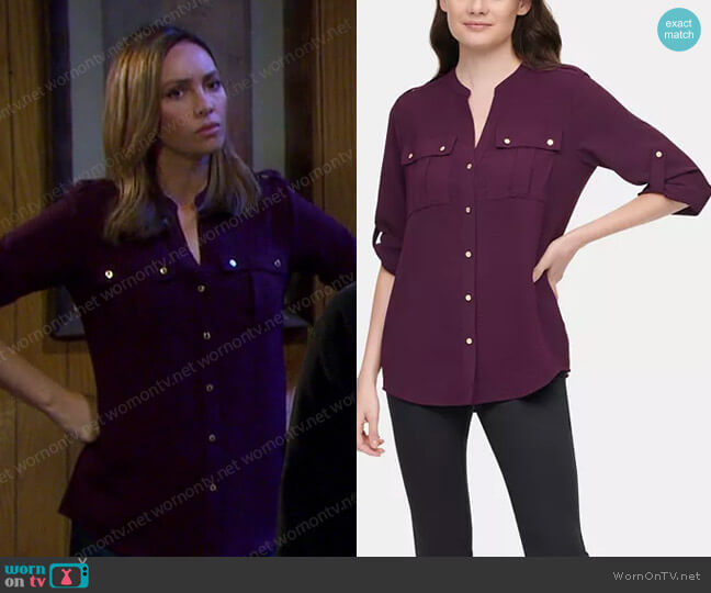 Calvin Klein Textured Roll Tab Button Down Shirt in Aubergine worn by Sarah Horton (Linsey Godfrey) on Days of our Lives