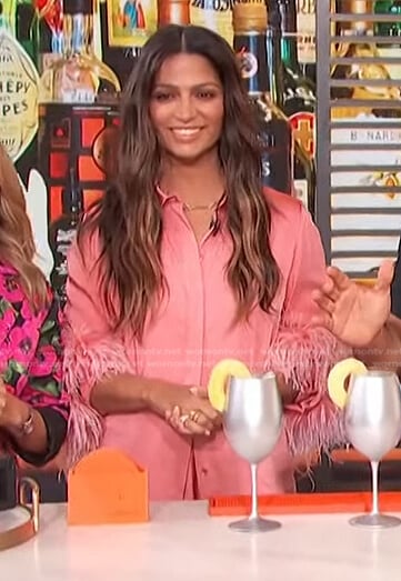 Camila Alves's pink feather trim shirtdress on Access Daily