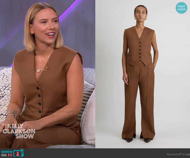 Camilla and Marc Harris Vest and Pant in Chestnut worn by Scarlett Johanson on The Kelly Clarkson Show